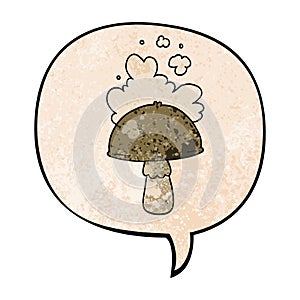 A creative cartoon mushroom and spore cloud and speech bubble in retro texture style