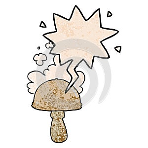 A creative cartoon mushroom and spore cloud and speech bubble in retro texture style