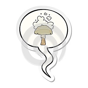 A creative cartoon mushroom and spore cloud and speech bubble sticker