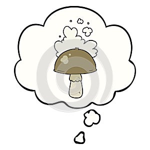A creative cartoon mushroom with spore cloud and thought bubble