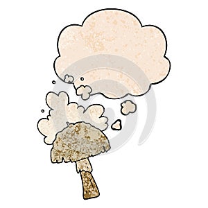 A creative cartoon mushroom with spore cloud and thought bubble in grunge texture pattern style
