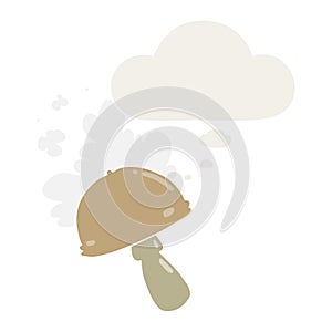 A creative cartoon mushroom with spore cloud and thought bubble in retro style