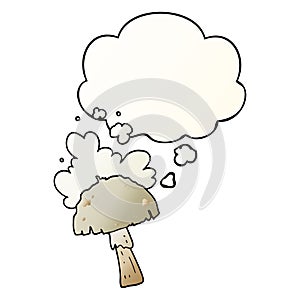 A creative cartoon mushroom with spore cloud and thought bubble in smooth gradient style