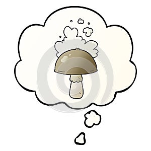 A creative cartoon mushroom with spore cloud and thought bubble in smooth gradient style