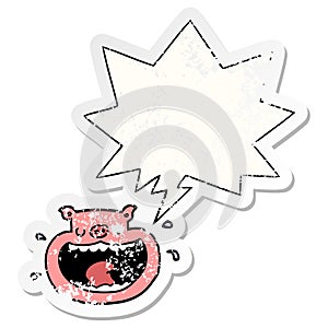 A creative cartoon obnoxious pig and speech bubble distressed sticker
