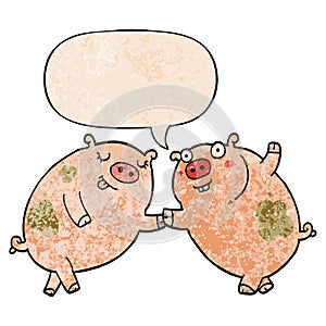 A creative cartoon pigs dancing and speech bubble in retro texture style