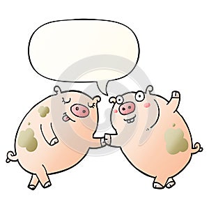 A creative cartoon pigs dancing and speech bubble in smooth gradient style