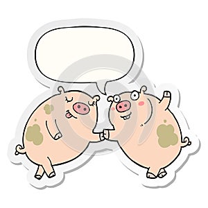 A creative cartoon pigs dancing and speech bubble sticker