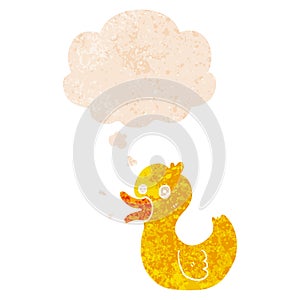 A creative cartoon quacking duck and thought bubble in retro textured style