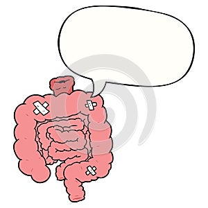 A creative cartoon repaired intestines and speech bubble