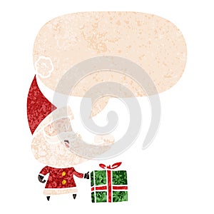 A creative cartoon santa claus and speech bubble in retro textured style