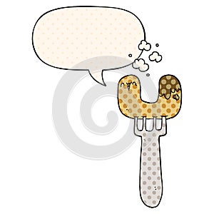 A creative cartoon sausage on fork and speech bubble in comic book style