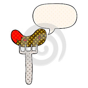 A creative cartoon sausage and fork and speech bubble in comic book style