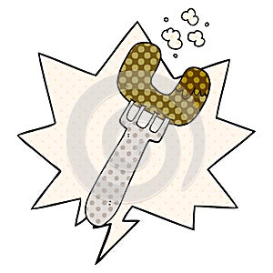 A creative cartoon sausage on fork and speech bubble in comic book style