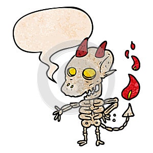 A creative cartoon spooky skeleton demon and speech bubble in retro texture style