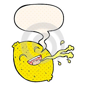 A creative cartoon squirting lemon and speech bubble in comic book style