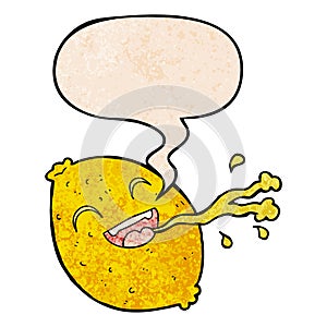 A creative cartoon squirting lemon and speech bubble in retro texture style