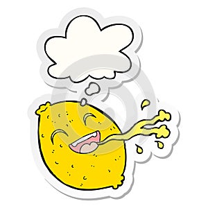 A creative cartoon squirting lemon and thought bubble as a printed sticker