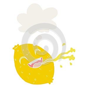 A creative cartoon squirting lemon and thought bubble in retro style