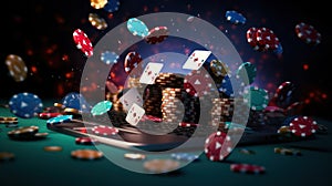 Creative casino background and chips, Stack of poker chips on a green table. Poker game theme