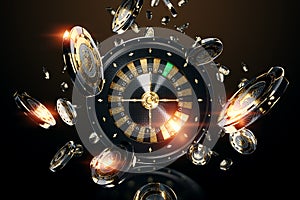 Creative casino template, background design with black gold playing chips and roulette. The concept of roulette, gambling,