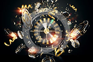 Creative casino template, background design with black gold playing chips and roulette. The concept of roulette, gambling,