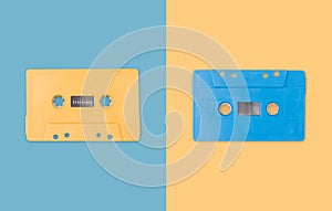 Creative cassette tape on pastel color background. Modern style. Flat lay style. top view. creative photography
