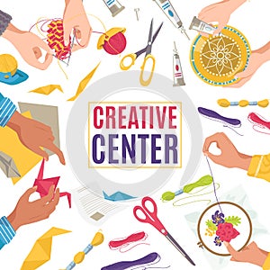 Creative center with art craft work, children drawing by pencil banner, vector illustration. Creativity children hobby