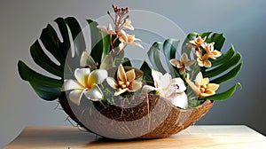 A creative centerpiece made entirely out of coconut shells leaves and flowers photo