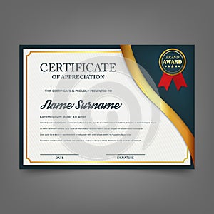 Creative certificate of appreciation award template. Certificate template design with best award symbol and blue and golden shapes