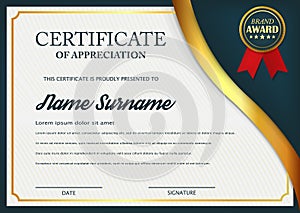 Creative certificate of appreciation award template. Certificate template design with best award symbol and blue and golden shapes photo