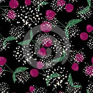 Creative cherries wallpaper on black background. Cherry seamless pattern for fabric design