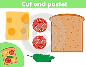 Creative children educational game. Paper cut activity. Make a sanwich with glue and scissors