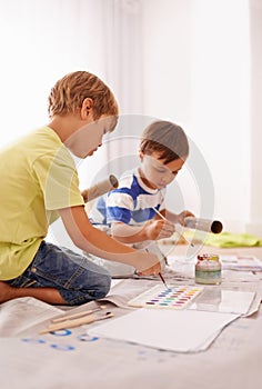 Creative, children and painting in home for development, colorful activity and fun education together. Kids, drawing and