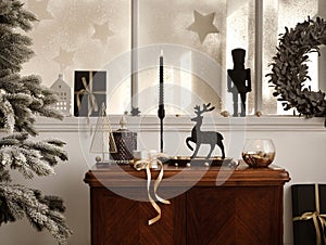 Creative christmas composition on the vintage shelf in the living room interior with beautiful decoration, big window, christmas