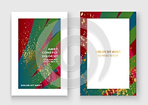 Creative Christmas cover frame design paint golden splatter, gold glitter vector illustration. Neon red green abstract template