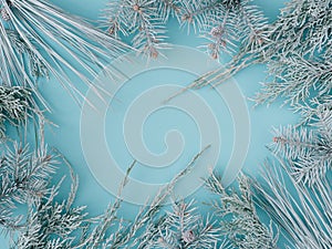 Creative christmas frame from white fir tree branches on pastel blue background with space for text.