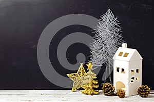 Creative Christmas still life with decorations and chalkboard