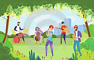 Creative city green outdoor garden park musical performance, young character artist play classic jazz music flat vector