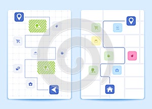 Creative city navigation. Set of navigation and map related. Highlights points of interest and roads to location marker