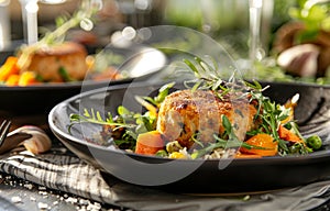 Creative climate conscious meal presentation blending starches and meatless cutlets