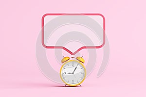 creative clock with speech bubble or message frame. Alarm clock chat box sound time past present future routine time morning.