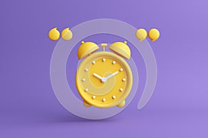 creative clock yellow, quote mark on purple background. alarm clock reminder sound time past present future routine morning noon.