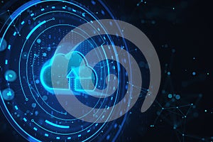 Creative cloud computing hologram on dark blue background. Server and data concept. 3D Rendering