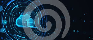 Creative cloud computing hologram on blurry dark wide blue background. Server and data concept.