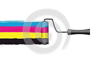 Creative cmyk painting with roller on white background