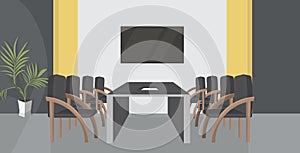 Creative co-working cabinet with conference round table empty no people meeting room modern workspace office interior