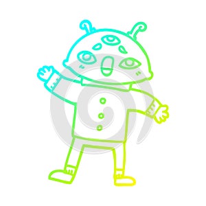 A creative cold gradient line drawing cartoon alien man in sensible clothes