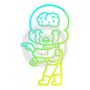 A creative cold gradient line drawing cartoon big brain alien crying and pointing