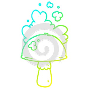 A creative cold gradient line drawing cartoon mushroom with spore cloud
